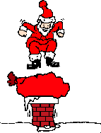 red, black and white cartoon gif of Father Christmas jumping up and down in a chimney, pressing his sack of presents down the chimney